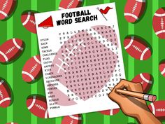 a hand holding a pencil writing on a football word search