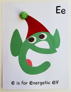 the letter e is for energetic elf with a green hat on it's head