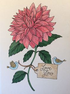 a drawing of a pink flower with green leaves and two little birds sitting on it