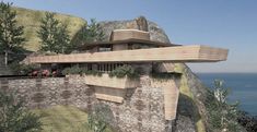 an artist's rendering of a house on top of a cliff overlooking the ocean