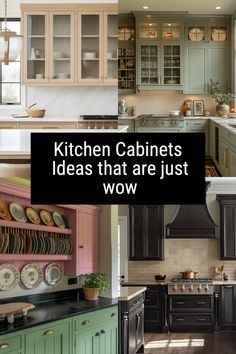 the kitchen cabinets are painted green and brown