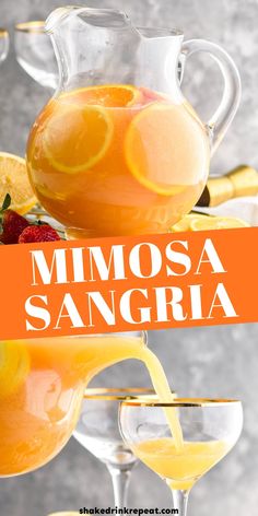 a pitcher of mimosa sangria next to two glasses filled with orange juice