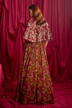 Maroon attached cancan, long anarkali with all-over multi colored floral prints and embroidered bodice. Comes with coordinating embroidered and floral printed cape. - Aza Fashions Jayanti Reddy, Anushree Reddy, Long Anarkali, Cape Pattern, Rohit Bal, Women Kurta, Embroidered Bodice, Tarun Tahiliani, Luxury Sale