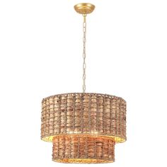 a chandelier made out of woven material with a light fixture hanging from the ceiling