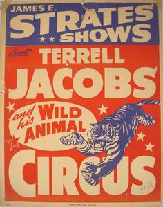 an old poster for the circus shows tigers and wild animal circuss in blue, red, and white