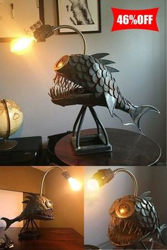 Angler Fish Lamp Fish Lamp, Simple Desk, Angler Fish, Iron Pipe, Sea Art, Lamp Holder, Retro Art, Working Area, Unique Artwork