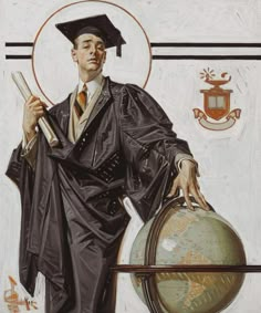 a painting of a man in graduation robes holding a globe