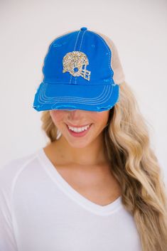 Cheer on your favorite football star in this cute hat! This hat is perfect for the beach, gym, a hike, or just to cover up a bad hair day. We won't judge. Style Ponytail, Beach Gym, Cute Hat, Patch Hat, Custom Football, Football Helmet, Cute Hats, Bad Hair Day, Bad Hair