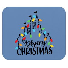 the disney christmas logo is shown on a blue mouse pad with lights and mickey's ears