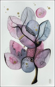 a painting of pink and blue flowers with gold dots on the petals, in watercolor