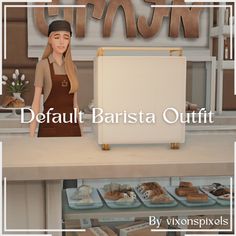 a woman standing in front of a counter with pastries on it and the words defaaut barista outfit