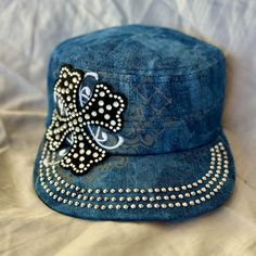 These Hats Are New From Mfg. Beautiful Bling And Stich Work. Each One Has An Adjustable Velcro Back. Color Is Dark Denim. Casual Rhinestone Hat One Size Fits Most, Adjustable Denim Hat With Curved Visor, Casual Cap With Rhinestones, Casual Rhinestone Hat, Blue Summer Hat With Rhinestones, Blue Rhinestone Hat For Summer, Casual Rhinestone Hat, One Size Fits Most, Blue Denim Hat For Streetwear, Adjustable Blue Hat With Rhinestones