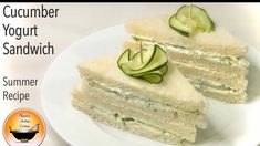 two slices of cucumber yogurt sandwich on a white plate with the words summer recipe below it