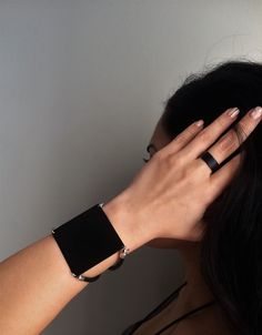 "Women's black square bracelet, black metal sharp cuff bracelet, edgy-rock style bracelet, geometric black jewelry, statement cuff, women's gift Welcome to my shop! Woman's cuff bangle bracelet is made of Matte-Black painted brass metal and genuine leather cords! It is anti-allergic, nickel and lead free. The metal parts are zamak* Μatching Necklace: https://www.etsy.com/listing/594528854/black-plate-swarovski-necklace-long?ref=shop_home_active_8 Really comfortable and sooo stylish!! Easy to wea Black Cuff Bracelet, Square Bracelet, Leather Jewellery, Silver Statement Earrings, Silver Jewelry Necklace, Cuff Bangle Bracelet, Swarovski Necklace, Edgy Style, Geometric Necklace