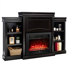 an entertainment center with a fireplace and bookshelves