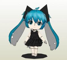 an anime character with blue hair wearing a black dress and cat ears on her head