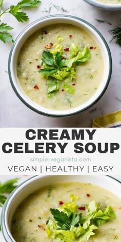 creamy celery soup with fresh herbs in a bowl