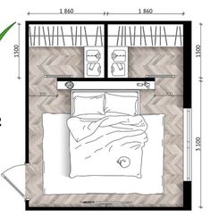 the floor plan for a small bedroom with a bed, nightstands and closet space