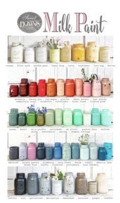 a shelf filled with lots of different colored mason jars on top of each other and the words pickin's milk paint above it