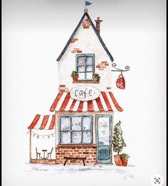 a watercolor drawing of a cafe with red and white awnings on the front