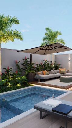 an outdoor living area with a pool and patio furniture