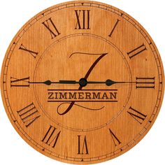 a wooden clock with roman numerals on the face and date for each hour