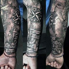 three different views of a man's arm with tattoos on it and his hands