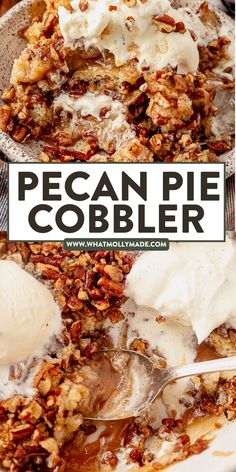 this pecan pie cobbler is loaded with ice cream and pecans it's ready to be eaten