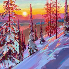 a painting of snow covered pine trees at sunset with the sun setting in the distance