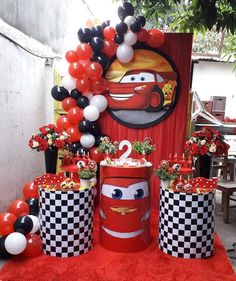 cars birthday party with balloons and decorations