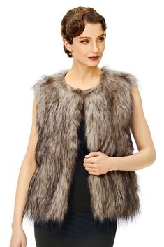 PRICES MAY VARY. Material: High quality faux fur and polyester lining. Size: Five sizes available. Please kindly refer to the size chart before purchasing. Features: Soft fur touch; sleeveless; crew neck; two pockets at waist; front closure; layered color. Design: A warm jacket for winter to keep you heated. Irregular color schemes and furs make the best match, unique and attention-grabbing. Occasion: Stylish outfit for cold winter. Transitions well with casual outfits as dresses or jeans or mat Sleeveless Vest Outfit, Race Wedding, Jacket For Winter, Gatsby Themed Party, Faux Fur Vest, Sleeveless Jacket, Faux Fur Vests, Warm Jacket, Short Coat