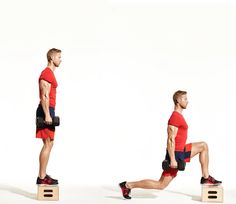 a man in red shirt doing squats with dumbbells on wooden block against white background