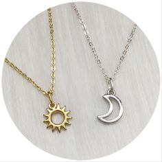 ✨NEW STYLE CHARMS- MAY 2024✨ PLEASE NOTE: Necklaces are sold individually, OR as a set Gold Sun charm: 12mm x 11mm - 14k gold plated stainless steel Silver Moon charm: 13mm x 9mm - Platinum plated brass On 18" ion plated stainless steel, or silver plated brass cable chain, with 1.25" extension chain, and tiny lobster clasp closure. Choose your option from the drop down menu: Sun + Moon = Two necklaces Gold Sun = One necklace Silver Moon = One necklace MORE FRIENDSHIP JEWELRY HERE: https://www.et Sun And Moon Friendship Necklaces, Sun And Moon Jewelry Necklaces, Sun And Moon Friendship, Marvel Script, Moon And Sun Necklace, Sun And Moon Jewelry, Necklaces Dainty, Sun And Moon Necklace, Friendship Necklace