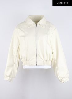 collar-faux-leather-zip-up-jacket-co325 / Light beige Trendy Cream Cropped Jacket For Fall, Casual Cream Cropped Jacket For Fall, Casual Cropped Jacket With Zipper For Work, Trendy Beige Outerwear For Streetwear, Casual Fitted Cream Outerwear, Beige Zipper Outerwear For Fall, Collared Outerwear With Zipper For Spring, Collared Outerwear With Zipper Closure For Spring, Collared Spring Outerwear With Zipper Closure