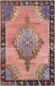 Peach And Black Rug, Blush Navy Rug, Complimentary Color Scheme, Border Rugs, Vintage Style Decorating, Bed In Living Room, Medallion Rug, Pink Area Rug, Space Decor