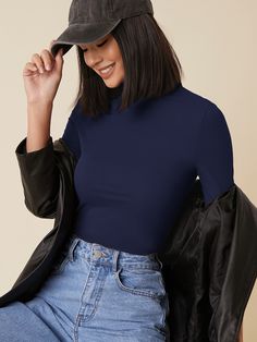 Navy Blue Basics Collar Long Sleeve Knitted Fabric Plain  Embellished Slight Stretch Spring/Fall Women Tops, Blouses & Tee Body Azul, Blue Top Outfit, Shein Basics, Navy Blue T Shirt, Navy Blue Blouse, Body Suit Outfits, Fitted Tee, Tshirt Outfits