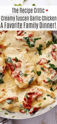 the recipe for creamy italian garlic chicken is in a pan with spinach and tomatoes