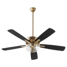 a ceiling fan with three black blades and a glass ball on the top of it