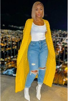 Sweater Season, Yellow Cardigan, Maxi Cardigan, Cardigan Outfits, Cute Swag Outfits, Black Women Fashion