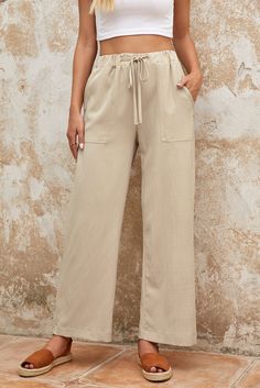 Elevate your style with our Khaki Drawstring Waist Crinkled Wide Leg Pants! These pants are not only fun and stylish, but also incredibly comfortable. Create endless pairings with these versatile pants and take your wardrobe to the next level. Don't miss out on adding a must-have piece to your collection. Order now! Material: 100% Polyester Simple Tank Tops, Tie Waist Shirt, Mock Neck Mini Dress, Tie Waist Pants, Long Tunic Tops, Solid Color Pants, Casual Wide Leg Pants, Pantalon Large, Women's Wardrobe