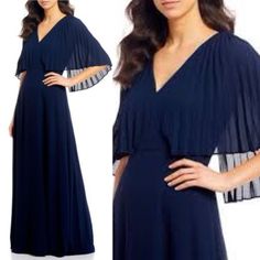 New Halston Heritage Navy Pleated Cape Sleeve Georgette Evening Dress Gown 6 Halston Pleated Cape Overlay V-Neck Crepe Georgette Gown. Simply Enchanting, This Crepe-Georgette Gown Is Both Breezy And Sophisticated In A Flowing Cut With A Pleated, Cape- Sleeve Bodice. Dark Navy Gorgeous Dress Perfect For Weddings Cocktails Bridesmaid Mother Of Bride Or Groom Event Formal Formal Flowy V-neck Dress, Blue A-line V-neck Evening Dress, Elegant Navy V-neck Maxi Dress, V-neck Pleated Formal Dress, V-neck Pleated Maxi Dress For Formal Occasions, Pleated V-neck Maxi Dress For Formal Occasions, Flowy V-neck Formal Dress, Pleated V-neck Bridesmaid Dresses, Formal Flowy Empire Waist Dress