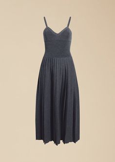 Elio Dress in Sterling Knit Dresses With Spaghetti Straps, Fitted Knit Dress With Spaghetti Straps, Fitted Cashmere Midi Dress, Fitted Seamless Midi Dress With Spaghetti Straps, Fitted Wool V-neck Dress, Chic Fitted Cashmere Dress, Elegant Knit Dress For Loungewear, Elegant Fitted Slip Dress For Loungewear, Seamless Spaghetti Strap Daywear Dresses