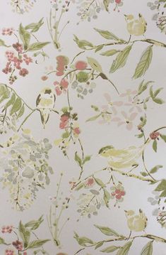 the wall paper has flowers and birds on it, as well as leaves and berries