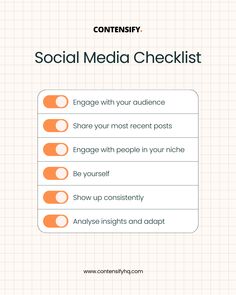 the social media checklist is shown in orange and white, with an arrow pointing up to