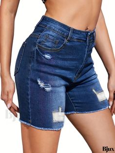 Bjux - Womens High Waist Dark Blue Denim Shorts with Raw Hem and Ripped Holes - Stylish Short Denim Pants with Slash Pockets Stretch Denim Distressed Jean Shorts, Stretch Jeans With Frayed Hem In Short Length, Stretch Ripped Denim Blue Jean Shorts, Stretch Distressed Denim Bottoms, Fitted Ripped Dark Wash Shorts, Distressed Stretch Denim Bottoms, Stretch Ripped Dark Wash Bottoms, Ripped Stretch Dark Wash Shorts, Ripped Dark Wash Denim Bottoms