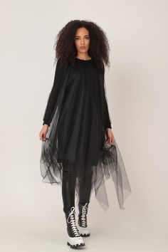 Black Sheer Dress, Black Tulle Dress, Plus Size Tulle Dress OVERSIZED MIDI DRESS IN ASYMMETRIC RICH TULLE NET LAYERS GARMENT FEATURES: * A truly stunning design with a WOW-effect when moving * Asymmetric rich tulle layers of soft net * Fully lined with soft cotton jersey * Ribbed classic crew neckline * Long jersey sleeves in a sweatshirt pattern, covered in tulle * Light weighted and comfy to wear * Part of our ADEPTT PREMIUM edit SIZING & FITTING: Model is 172cm tall and wears size S. This Black Tulle Dress For Party, Black Tulle Dress For Evening, Black Tulle Dress For Spring, Black Fitted Tulle Midi Dress, Fitted Black Tulle Midi Dress, Black Party Dresses With Tulle Skirt, Sheer Tulle Evening Dress With Long Sleeves, Evening Dress With Mesh Sleeves, Long Sleeve Tulle Dress For Cocktail