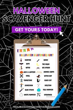 Text: Halloween scavenger Hunt. Image: printable sheet. Festival Scavenger Hunt