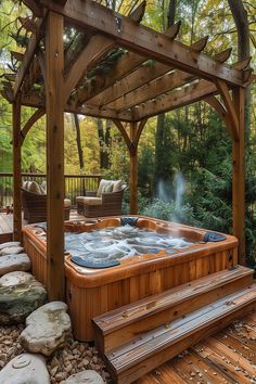 Rustic hot tub surrounded by trees and wood panels for ultimate privacy and a forest-like ambiance. Nosy Neighbors, Hot Tub Designs, Tub Design