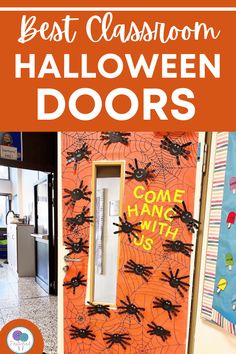 halloween door decorations with the words best classroom halloween doors written on them and spider webs