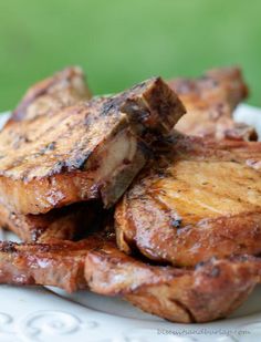 grilled pork chops on a white plate with green grass in the back ground